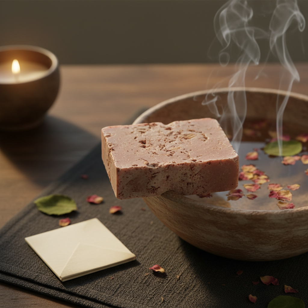 Artisan Soap Secret Geranium bar beside a stone bowl of water with floating petals, evoking a cleansing ritual
